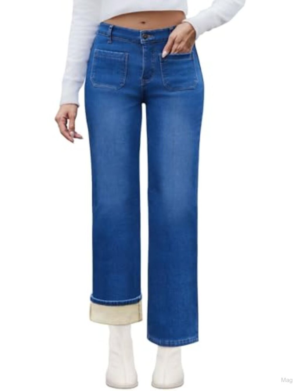 Fleece Lined High Rise Straight Leg Jeans Cotton Polyester Spandex Stretch